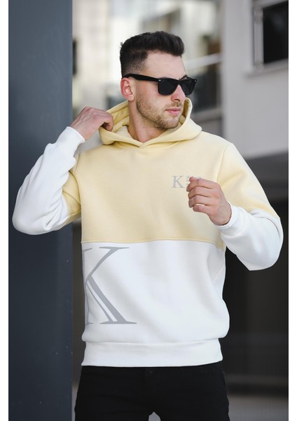 Kewin Üç İplik Şardonlu Baskılı Çift Renk Parçalı Kapüşonlu Erkek Sweatshirt modelleri