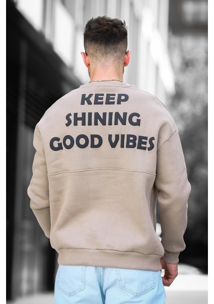 Trc 2719 Üç İplik Şardonlu Sırt Baskılı Bisiklet Yaka Oversize Erkek Sweatshirt