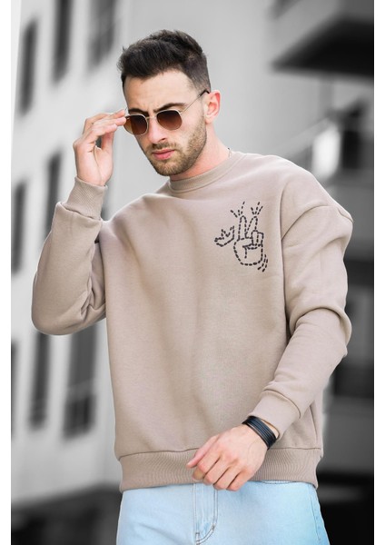 Trc 2719 Üç İplik Şardonlu Sırt Baskılı Bisiklet Yaka Oversize Erkek Sweatshirt