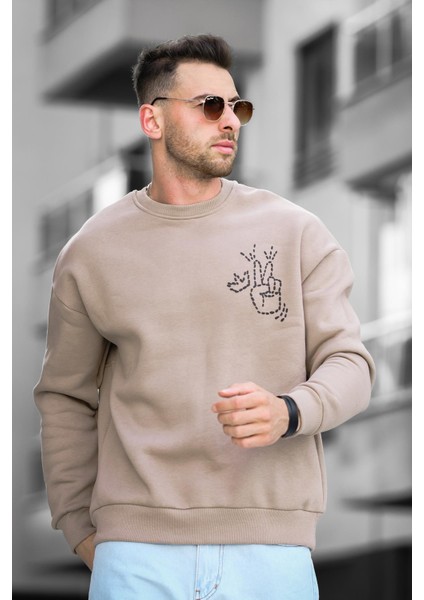 Trc 2719 Üç İplik Şardonlu Sırt Baskılı Bisiklet Yaka Oversize Erkek Sweatshirt