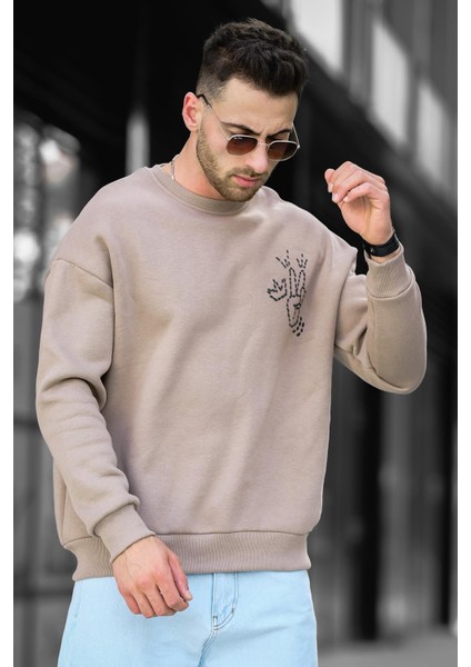 Trc 2719 Üç İplik Şardonlu Sırt Baskılı Bisiklet Yaka Oversize Erkek Sweatshirt