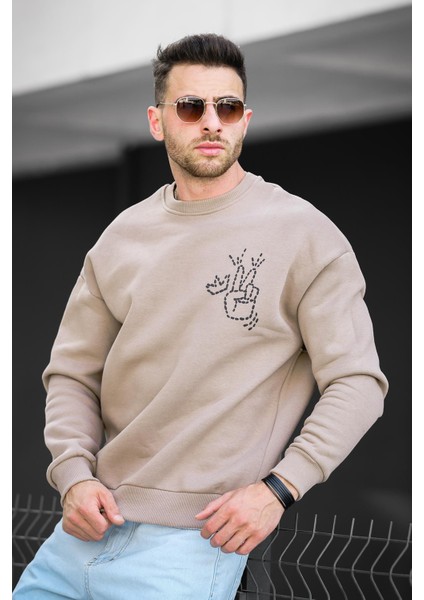 Trc 2719 Üç İplik Şardonlu Sırt Baskılı Bisiklet Yaka Oversize Erkek Sweatshirt