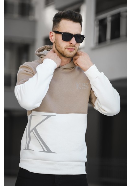 Kewin Üç İplik Şardonlu Baskılı Çift Renk Parçalı Kapüşonlu Erkek Sweatshirt