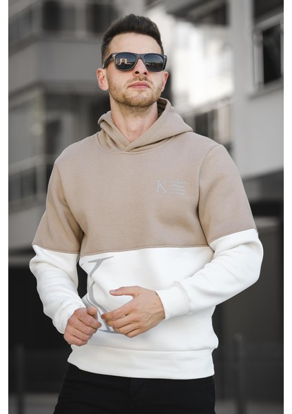 Kewin Üç İplik Şardonlu Baskılı Çift Renk Parçalı Kapüşonlu Erkek Sweatshirt fiyatları