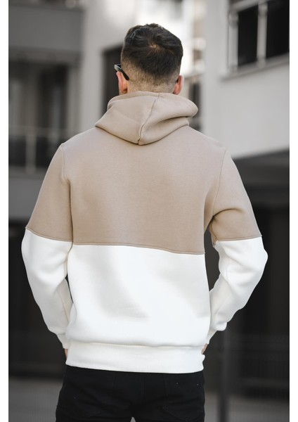 Kewin Üç İplik Şardonlu Baskılı Çift Renk Parçalı Kapüşonlu Erkek Sweatshirt modelleri
