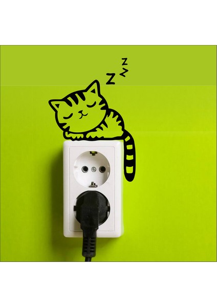 Uyuyan Kedi Priz Sticker Siyah 12X18 cm