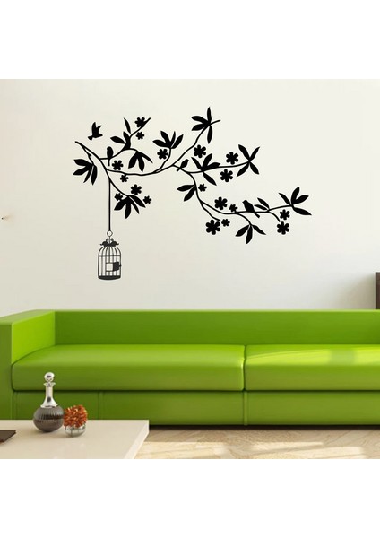 Kuş Kafesi ve Dallar Duvar Sticker Siyah 20X15 cm