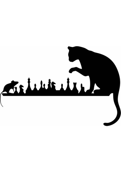 Satranç Oynayan Kedi Fare Duvar Sticker Siyah 21X14 cm