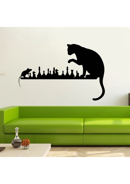 Satranç Oynayan Kedi Fare Duvar Sticker Siyah 21X14 cm fiyatları