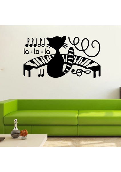 Piyano Çalan Kedi Duvar Sticker Siyah 21X11 cm