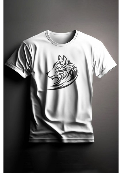 Unisex Baskılı Beyaz Tişört Wolf L