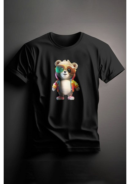 Unisex Baskılı Siyah Tişört Color Bear L