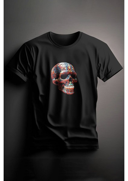 Unisex Baskılı Siyah Tişört Skull L