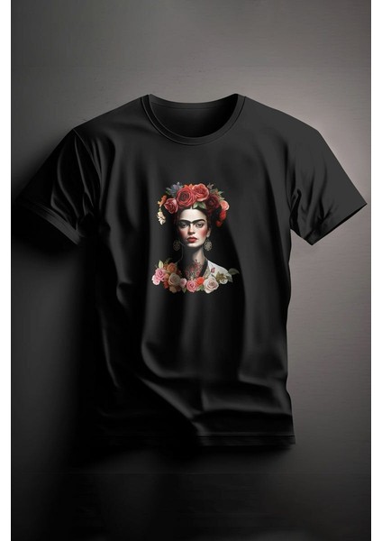 Unisex Baskılı Siyah Tişört Frida Xl