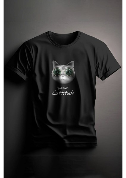 Unisex Baskılı Siyah Tişört Cat S
