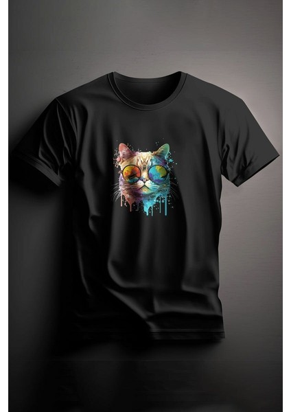 Unisex Baskılı Siyah Tişört Color Cat L
