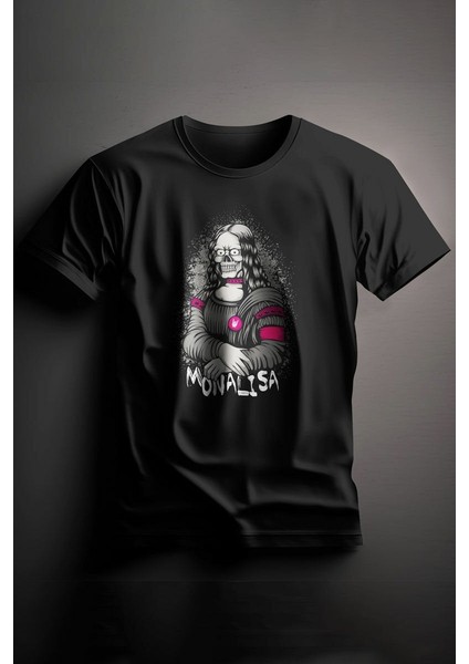 Unisex Baskılı Siyah Tişört Monalisa Xl