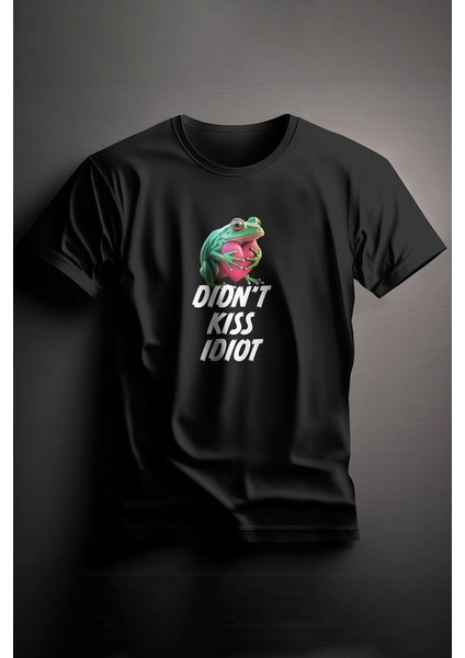 Unisex Baskılı Siyah Tişört Didn't Kiss S