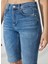 Yüksek Bel Slim Fit Indigo Kadın Denim Şort DT10360 Slim Fit Yüksek Bel Bermuda 4