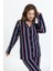 Kadın Çizgili Önü Düğmeli Polar Pijama Takımı Siyah 4