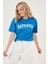 Baskılı Pamuklu Oversize Bisiklet Yaka T Shirt Bayan T Shirt 541HAPPINESS 3