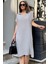 Grı Kısa Kol, Polo Yaka, Dokulu Kumaş, Basic Kalıp/kesim, Aerobin Rahat Midi Elbise 1