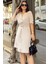 Bej Uzun Kol, Derin Gömlek Yaka Beli Bağlamalı Cepli Önü Düğmeli, A Kesim Salaş Elbise 1