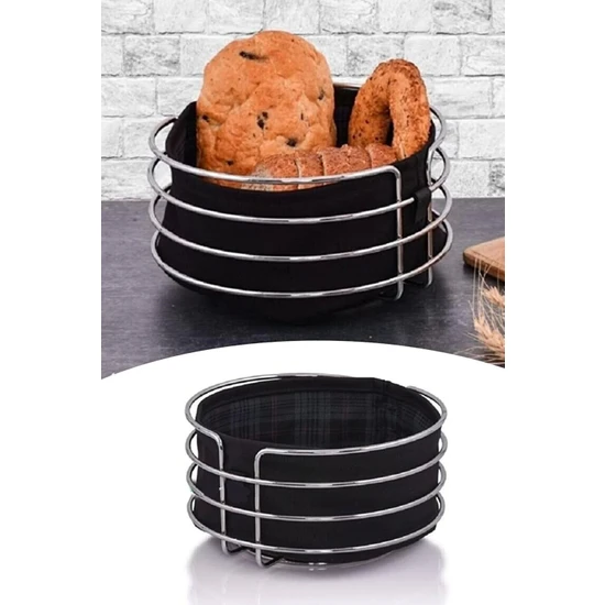 Tilbe Home Metal Ekmeklik Paslanmaz Krom Şeritli Siyah Kumaş Yuvarlak Ekmeklik Ekmek Sepeti