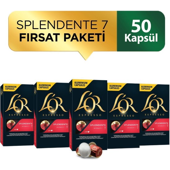 L'OR Splendente Intensity 7 Nespresso Uyumlu Alüminyum Kapsül Kahve Fırsat Paketi 10 Adet x 5 Paket