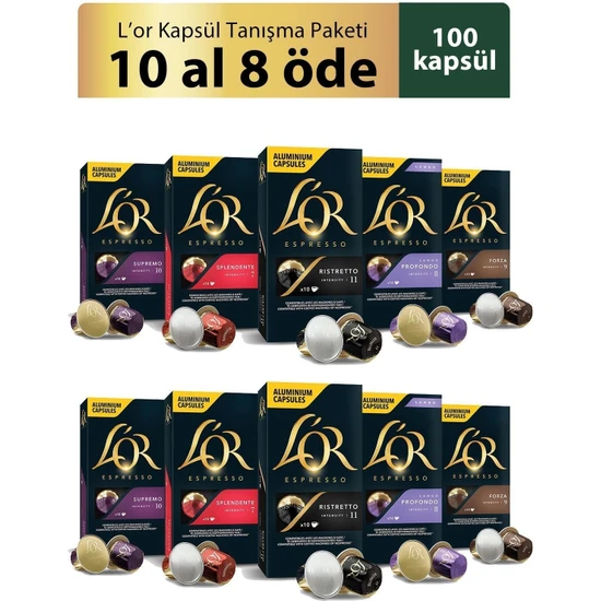 L'OR Kapsül Tanışma Paketi Nespresso Uyumlu Alüminyum Kapsül Kahve Fırsat Paketi 10 Adet x 10 Paket