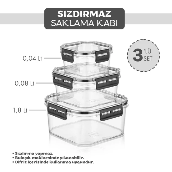 Qlux Square Saklama Kabı Seti Erzak Buzdolabı Organizer Kapları 1X400ML+800ML+1800ML
