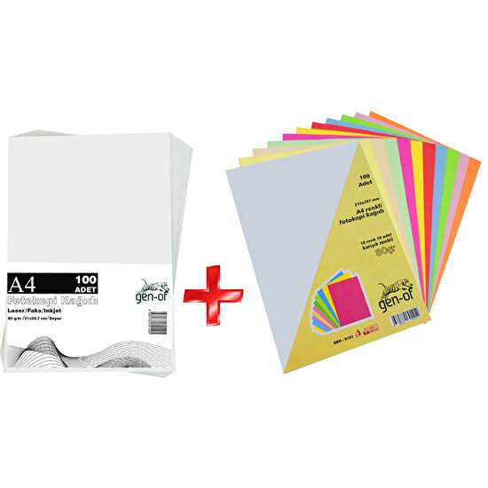 Gen-Of A4 Renkli Fotokopi Kağıdı 100'lü + Beyaz 100'lü