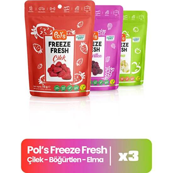 Pol’s Freeze Fresh Çilek 15 g x 1 Adet , Böğürtlen 20 g x 1 Adet, Elma 15 g x 1 Adet Freeze Dry Dondurularak Kurutulmuş Meyve