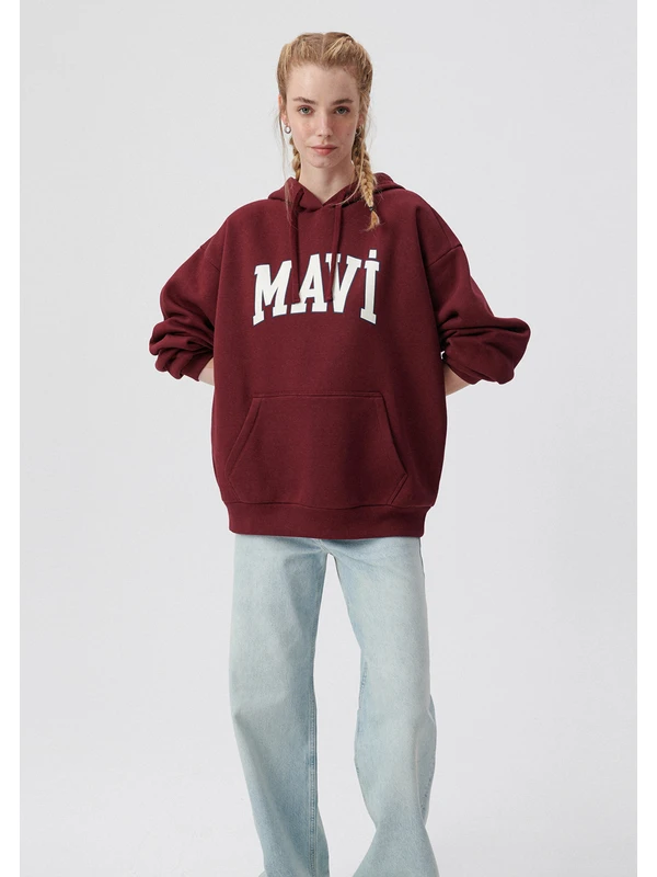 Mavi Kadın Mavi Logo Baskılı Kapüşonlu Bordo Sweatshirt 1600361-85493