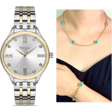 Ferrucci 1. Sınıf Çelik Şık Yeni Sezon Kadın Kol Saat+Nazarlıklı Set