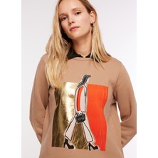 Fabrika Comfort Bisiklet Yaka Varaklı Deve Tüyü Kadın Sweatshirt FC3WL-SWT12