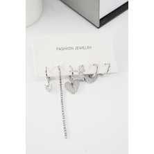 By Zeyna Aksesuar Kadın Vip Seri Helix Kalp ve Su Yolu Zirkon Taşlı 6'lı Küpe Seti