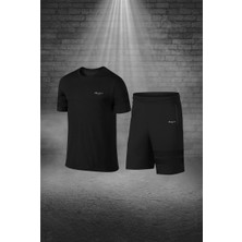 Poseidon Storm Erkek Siyah Dri-Fit Kumaş Baskısız Yuvarlak Yaka Kısa Kol Tişört Şort Alt Üst Takım S-3xl