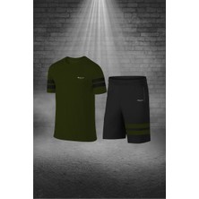 Poseidon Storm Büyük Beden Erkek Haki Dri-Fit Kumaş Baskısız Yuvarlak Yaka Kısa Kol Tişört Şort Alt Üst Spor Takım 4XL-10XL
