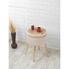 Sare Home Bella Metal Ayaklı Sehpalı Teddy Kumaş Puf Altın Beyaz (Gold White)