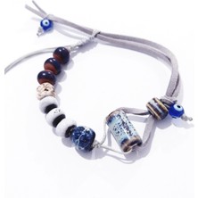 Funny Takı Gri Süet Ipli Seramik Toprak ve Nazar Boncuklu Asimetrik Bileklik