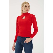 Fashion Friends Yarım Balıkçı Yaka Pencere Detaylı Fitilli Slim Fit Triko Kazak Bayan KAZAK 23K0397K1