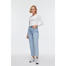 Semperiba Kadın Cepli Mavi Mom Jeans Pantolon