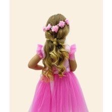 VİTASTORETR Barbie Pul Baskılı Çiçek Tokalı Pembe Tüllü Abiye Elbise