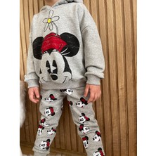 Orca Kids Fashion 1-5 Yaş Arası Minnie Mause ve Çiçek Detaylı Kapüşonlu Gri Takım