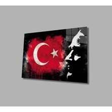 Kırmızı Ayı Atatürk Bayrak  Atatürk Silüetli Gölgeli Siyah Fonlu Cam Tablo