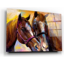 Kırmızı Ayı Atlar Cam Tablo