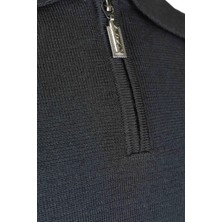 CO Cewo Tricot Çelik Örme Klasik Kalıp Yünlü Siyah Desensiz Polo Yaka Fermuarlı Triko Kazak
