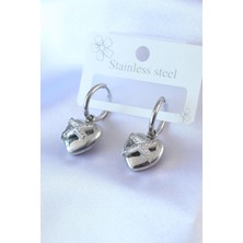 E-Bijuteri Çelik Gümüş Renk Zirkon Taş Detay Kalp Model Kadın Küpe