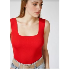 Butikems Kadın Kırmızı Kalın Askılı Kare Yaka Triko Bluz